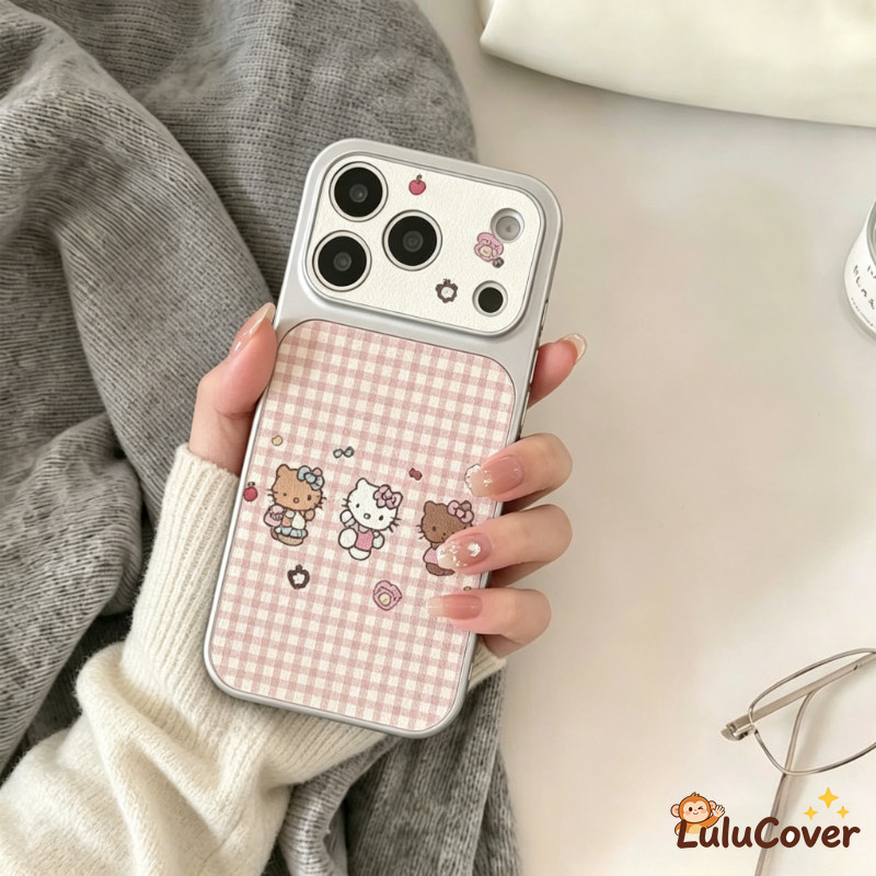 Capa De Textura De Couro Fofa Da Hello Kitty Com Grade Rosa Para Samsung Galaxy A17 M17 F17 A16 A15 M15 F15 A14 A13 M13