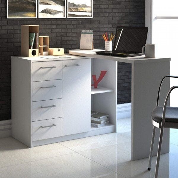 Escrivaninha Mesa Escritório Minimalista em L com 1 armário e com ótimo espaço de armazenamento Logan 4 Gavetas