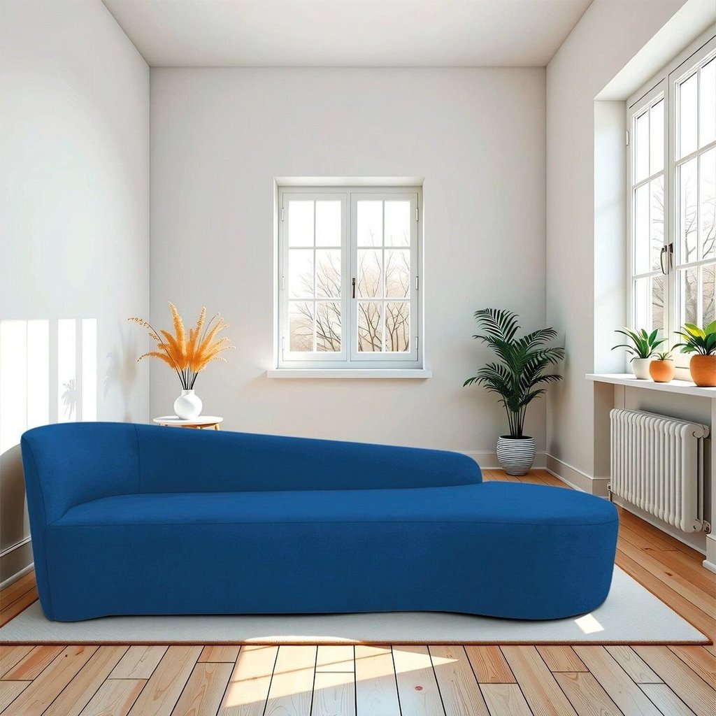 Recamier Curvo Orgânico 180cm 3 Lugares Lado Direito para Sala de Estar em Linho Paris Azul Royal Azul Royal