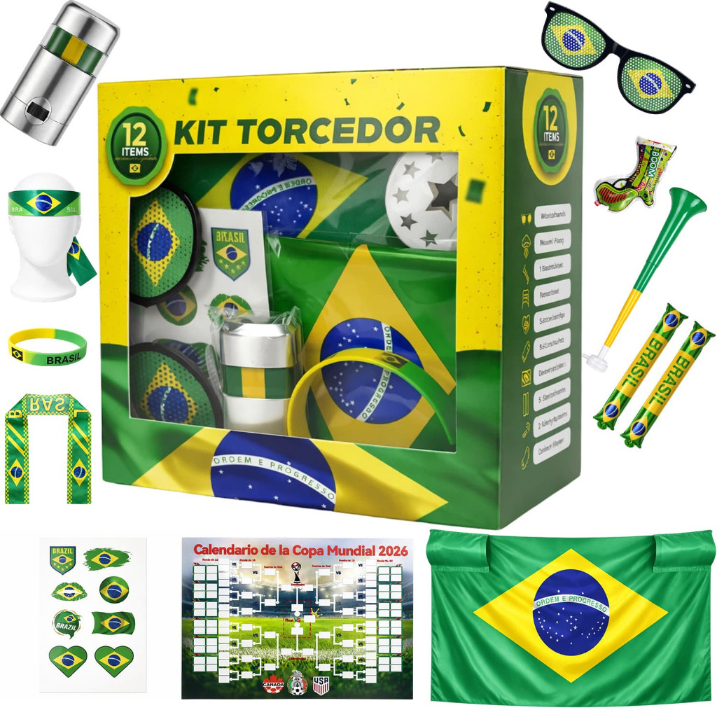 Combo para Torcedores da Copa 2026: Bandeira, Adesivo de Trombeta, Tinta Facial, Bandeira do Brasil, Adesivo de Vuvuzela