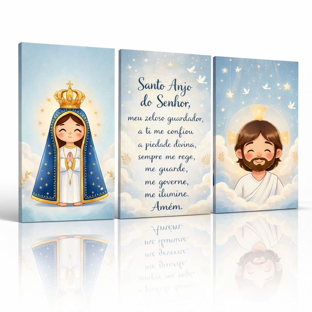Kit Quadros Religiosos Para Quarto Infantil  Nossa Senhora e Jesus com Oração Santo Anjo