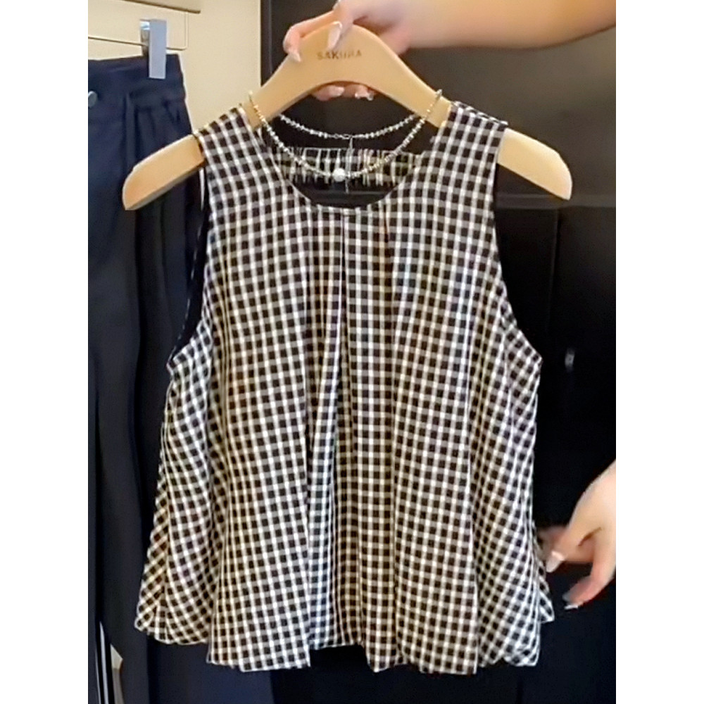 Guangzhou Treze Linhas High-Goods Estilo de Venda Quente ~ Voltar Oco Design Solto Cobrindo Carne Sem Mangas Camisa Xadr