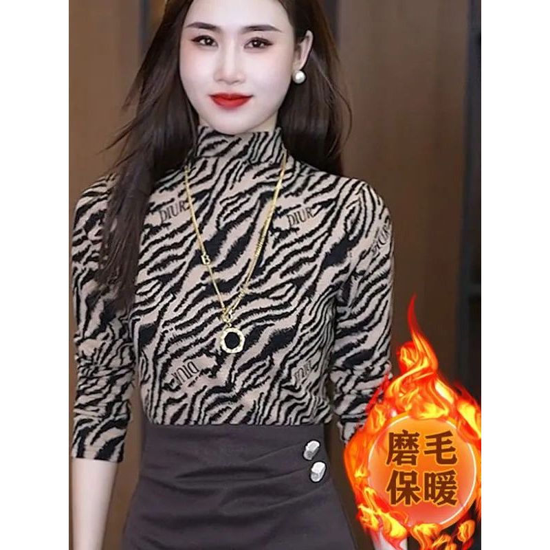 2025 outono inverno novo estilo elegante estilo ocidental leopardo impressão meia gola alta de manga comprida camisa de 