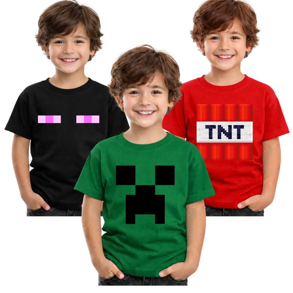 Kit 3 Camisetas Infantil Minecraft Creeper TNT Enderman Game Criança Algodao Confortavel Unissex 2 ao 16