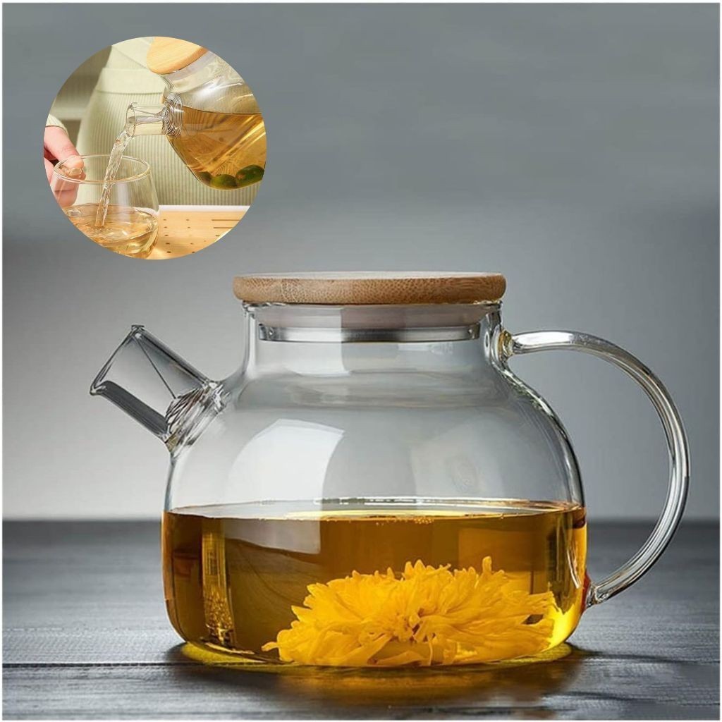 Chaleira de Vidro 1 Litro Coador Tampa de Bambu Premium Resistente a Calor de ir Fogo Bule infusor