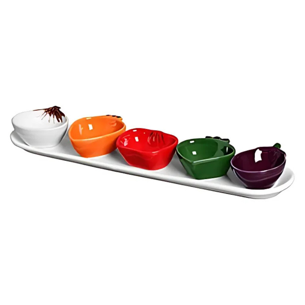 Conjunto Bandeja Branca + 5 Potes Porta Patê Legumes Colorido Cerâmica Scalla
