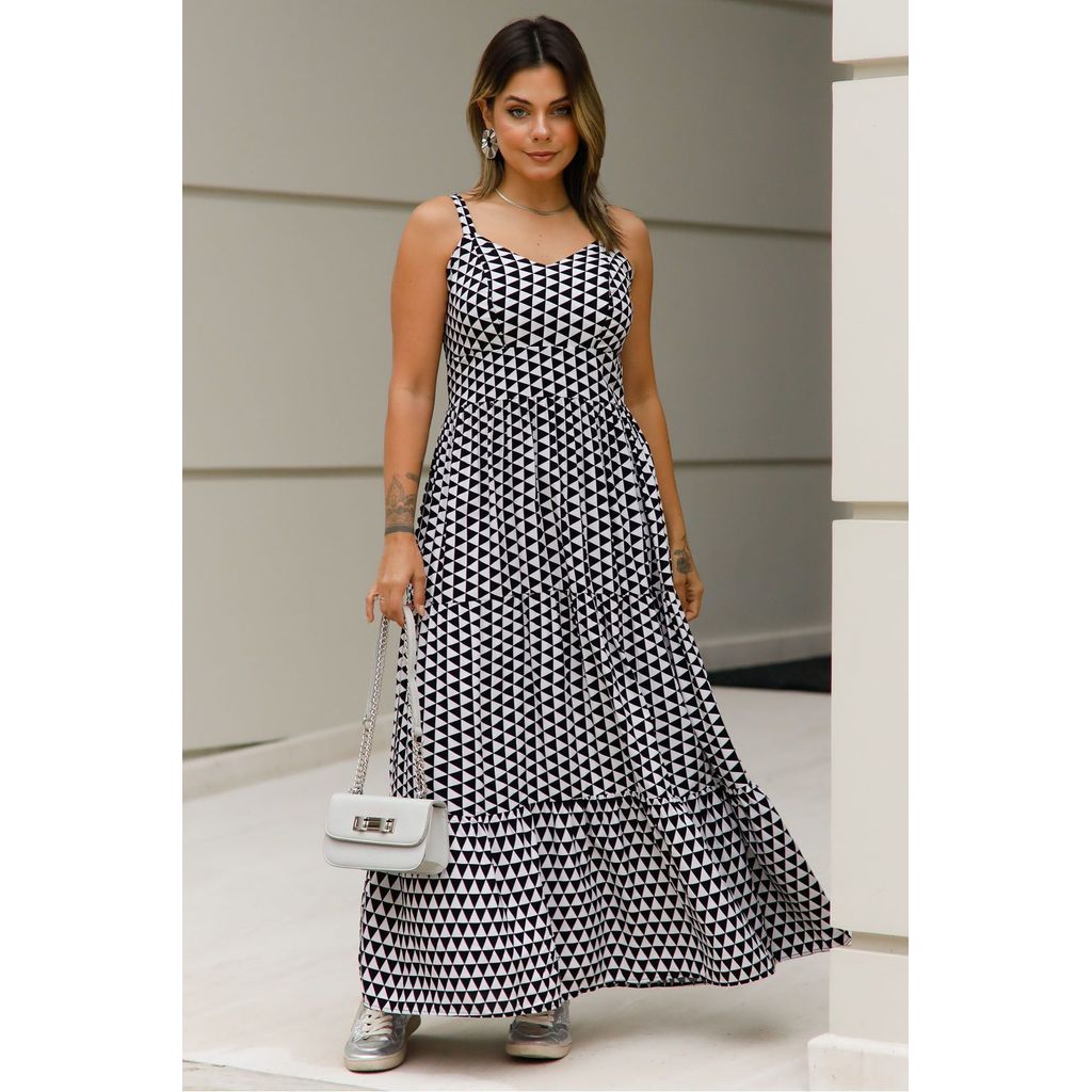 Vestido Lunna em Tecido Plano de Viscose com Alças Reguláveis - Midi Longo - Geométrico Preto e Branco
