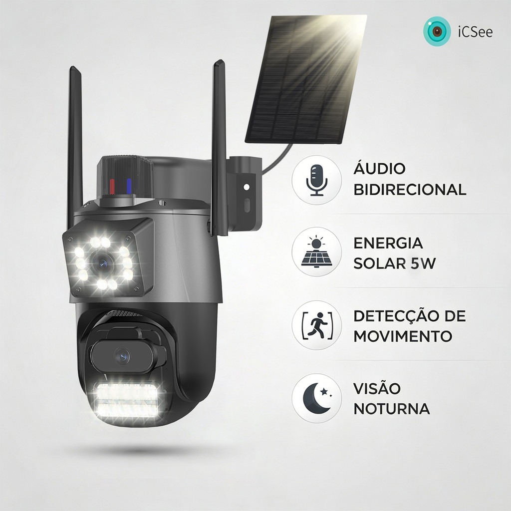 Câmera 4G Solar WiFi Segurança Externa com Sirene Alarme 24h Monitoramento