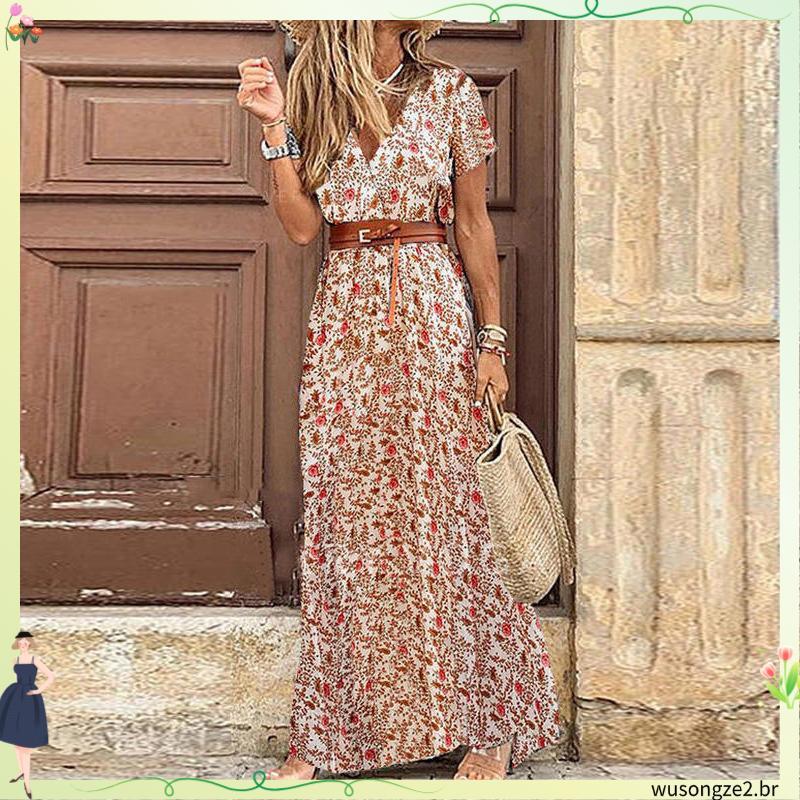 Moda Manga Curta Floral Imprimir Maxi Vestido Mulheres 2022 Verão Casual Boho Senhoras Elegantes Vestidos Longos Para A