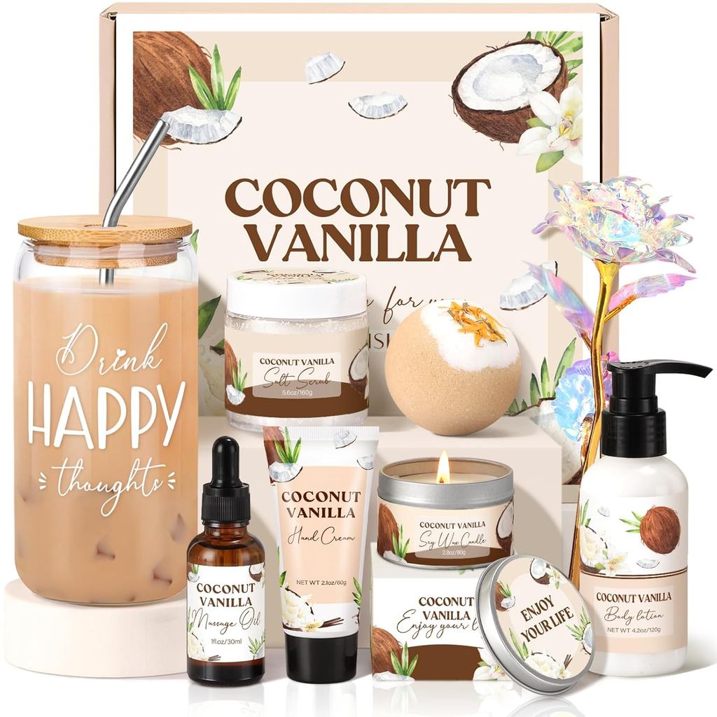 Cestas de Presente para Spa para Mulheres, Conjunto de Presentes para Banho e Corpo com Aroma de Baunilha e Coco para Mu