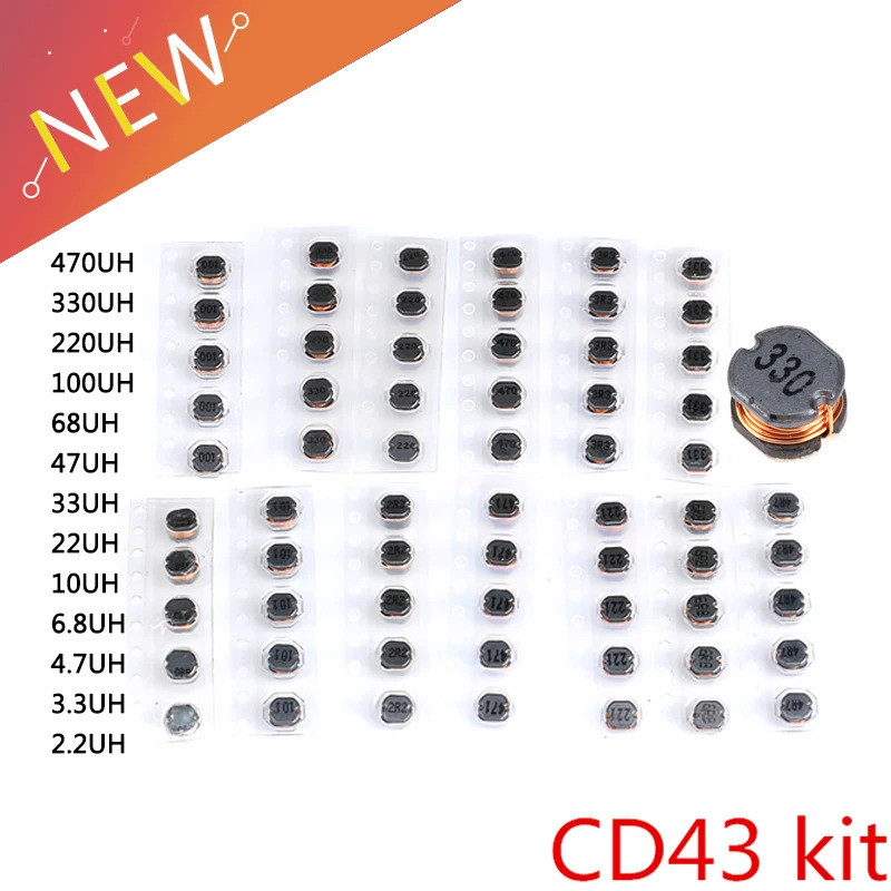 Kit De Sortimento De Indutores De Energia CD43 SMD , 65 Peças , 13 Valores , 2.2UH-470UH , Chip , De Ferida De Fio CD43