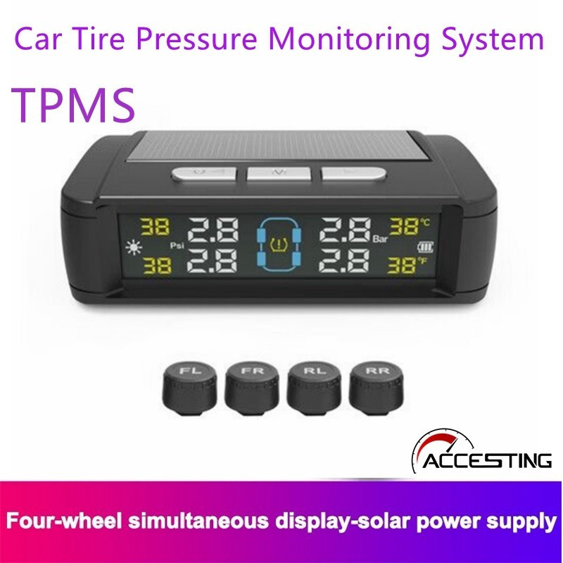 Sistema de Monitoramento de Pressão de Pneus Universal TPMS com Painel Solar, Carregamento USB, 4 Sensores Externos, Dis