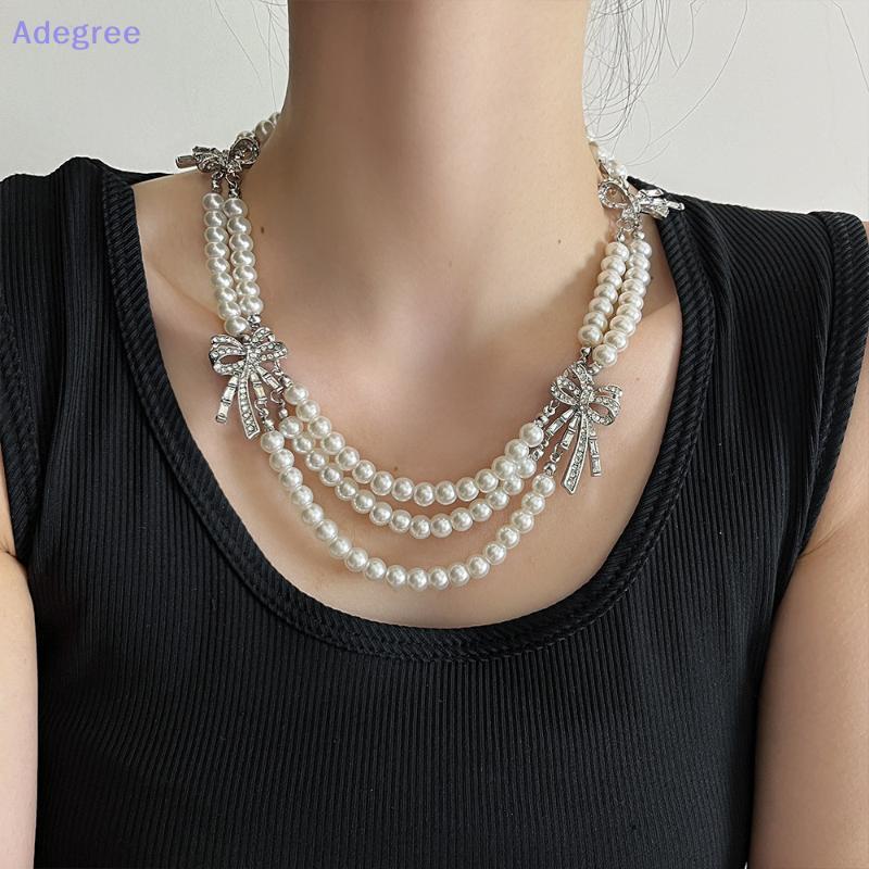 Adegree Elegante Pérola Nelace E Brinco Conjunto Com Nó Borboleta Retro Estilo Francês Multi-Camada Corrente Clavícula N