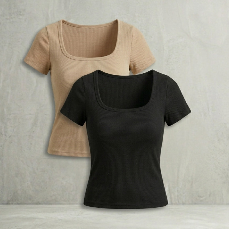 Kit 2 Blusas Feminina Canelada Decote Gola Quadrada Tendência Manga Curta Blusinha Básica