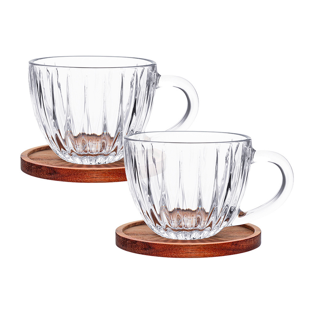 Jogo 2 Xícara de Café Vidro Cristal com Pires de Madeira Acácia Montecarlo 80ml Haüskraft Premium