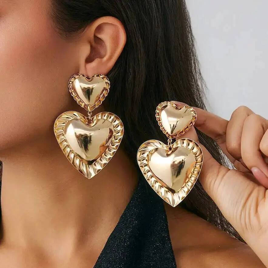 Vintage Duplo Coração Brincos Feminino Exagerado Cor De Ouro Grande Amor Personalidade Brinco Festa Jóias Presente