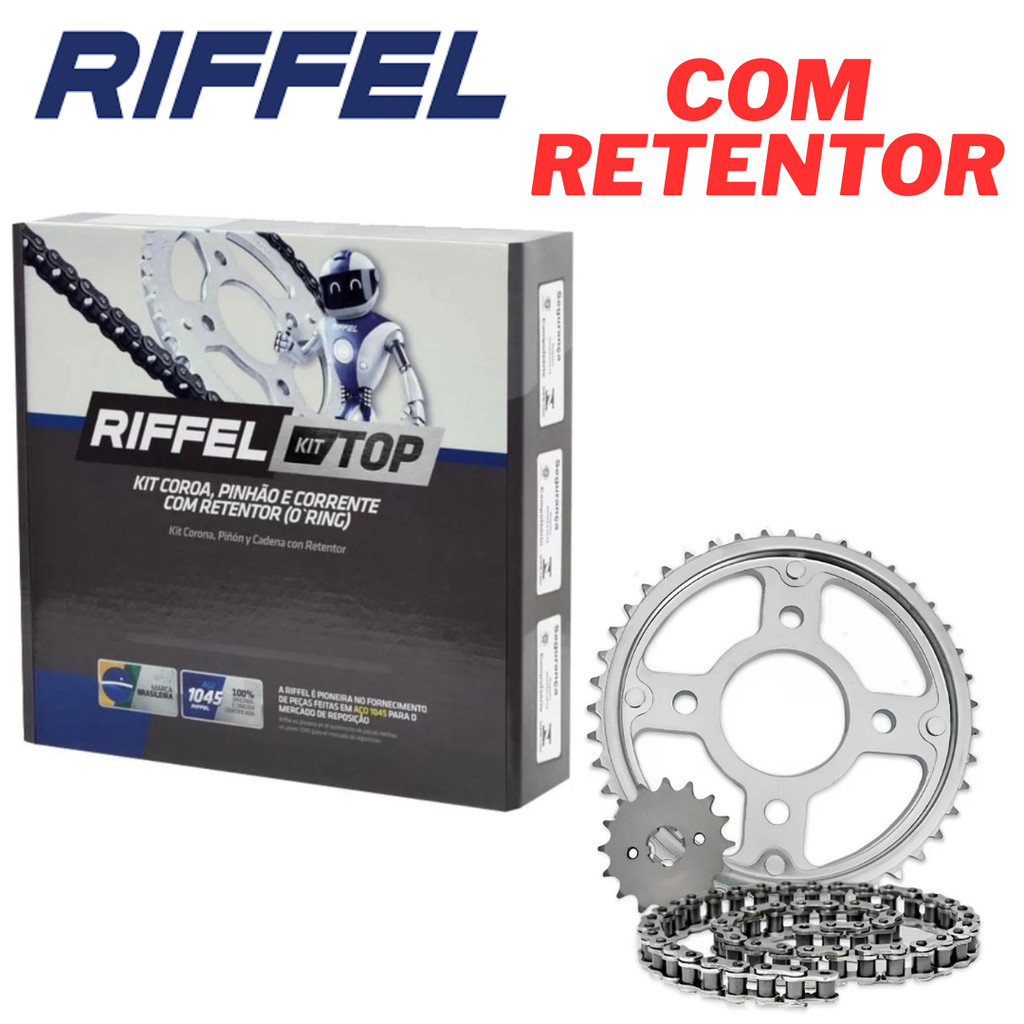 KIT RELAÇÃO TRANSMISSÃO COM RETENTOR ORIGINAL RIFFEL TITAN 150 FAN 150 + Coxim da Coroa + Patins de Freio — imagem 2 de 2