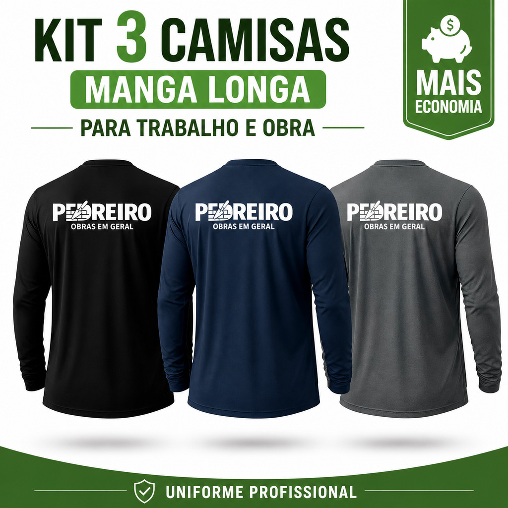 Kit 3 Camisas Manga Longa Para Pedreiro Uniforme Profissional Trabalho