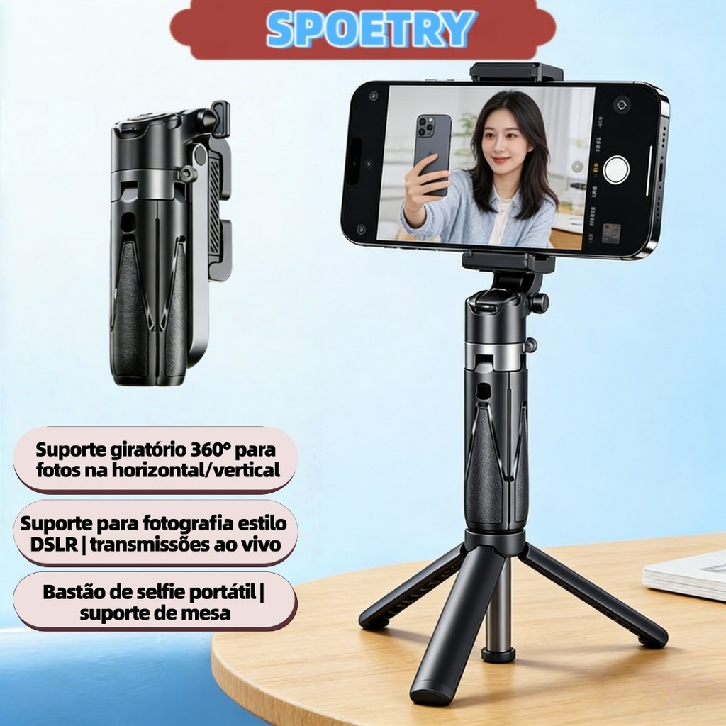 Bastão de selfie 3 em 1 de bolso portátil, extensível, com tripé e controle Bluetooth liga de alumínio
