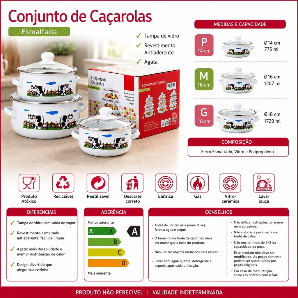 Jogo com 3 Caçarolas Esmaltadas Estampa Vaca Branco com Tampas e Pegadores Resistentes — imagem 2 de 2