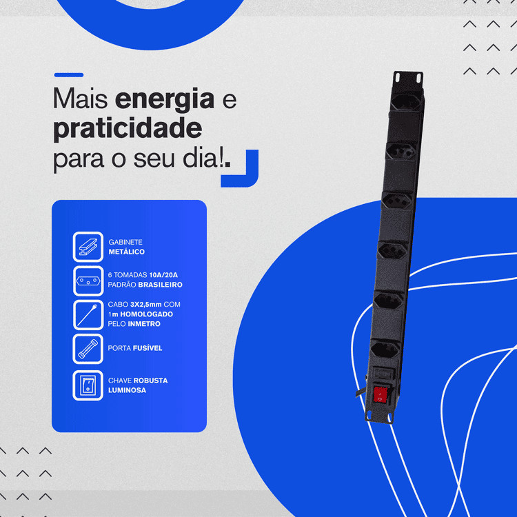 Regua Rack 19" Filtro Linha 20A 6 Tomadas Regua Eletrica Extensão microondas secador