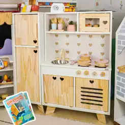 Cozinha Infantil Petit com Geladeira Madeira Pia Fogão e Microondas Montessori Faz de Conta Kit Livro Educativo