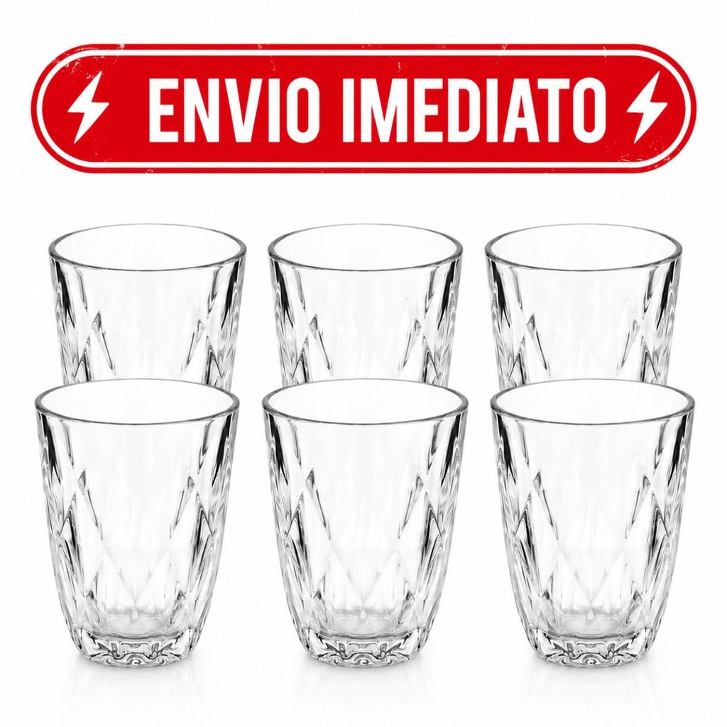 Kit Copos Diamond 300ml Vidro Grosso Resistente Luxo Água Suco Whisky Diamante Transparente