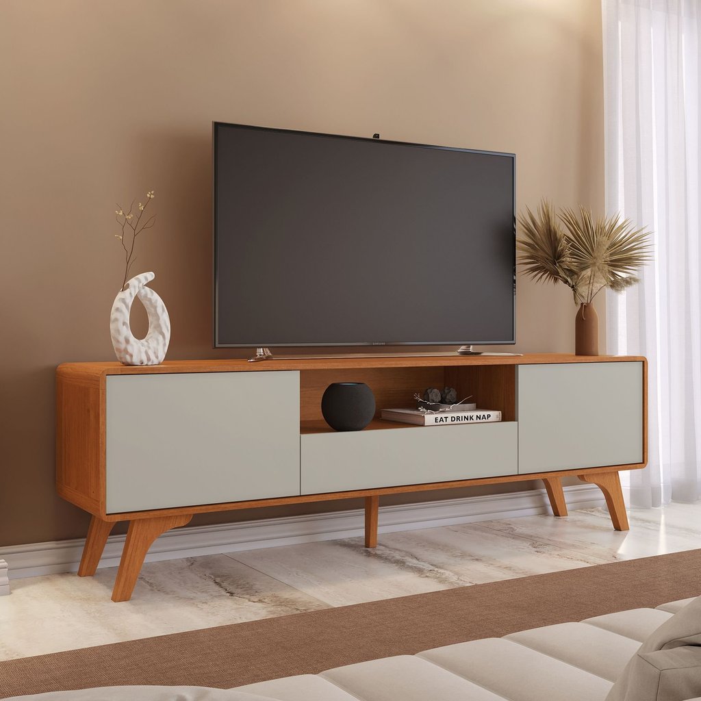 Rack para TV até 75 Polegadas 100% MDF 180cm Pés em Madeira Maciça Ares Bege Naturalle/Off White Naturalle/Off White