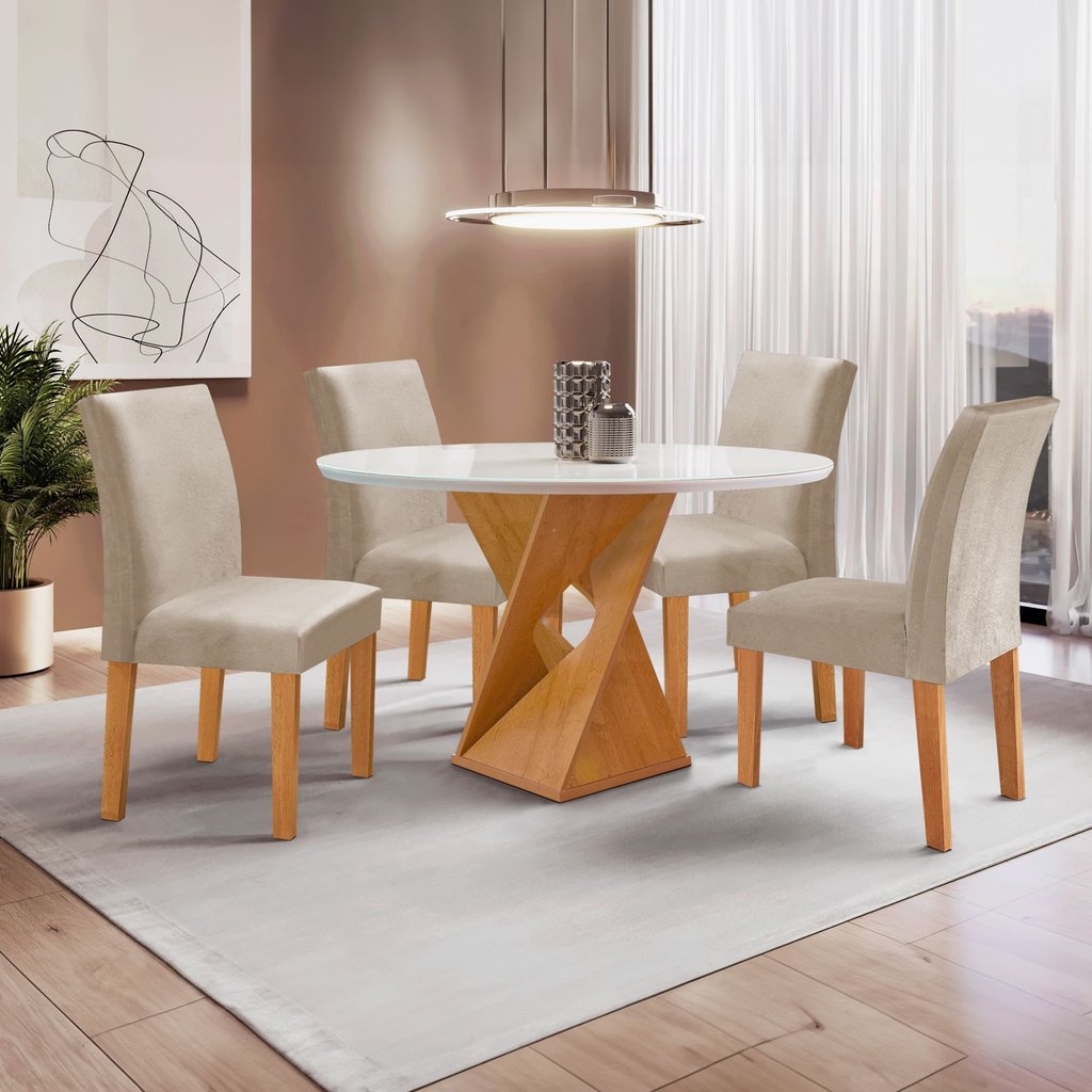 Conjunto Mesa Barcelona 100cm com 4 Cadeiras Espanha Tampo Slim Plus Redondo Vidro Yescasa Cinamomo/Off White/Veludo
