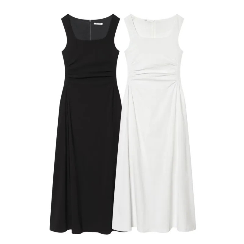 Vestido Midi Feminino com Costura, Casual de Primavera, Sem Mangas, Vestido Longo Feminino com Zíper Traseiro, Vestidos 