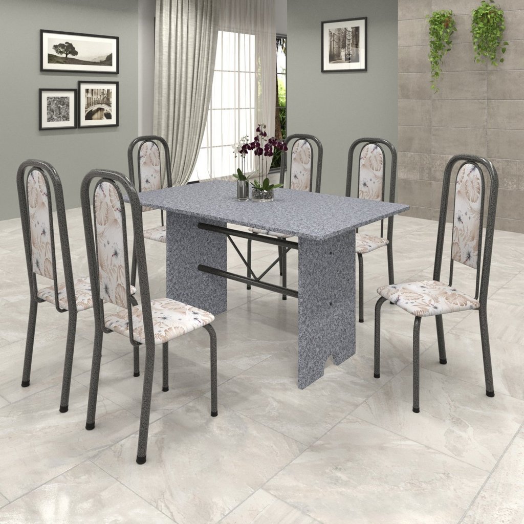 Conjunto de Mesa 140x75cm Tampo Granito com 6 Cadeiras Lavínea Cinza/Martelado Prata/Ocre/Botanic Bege Martelado