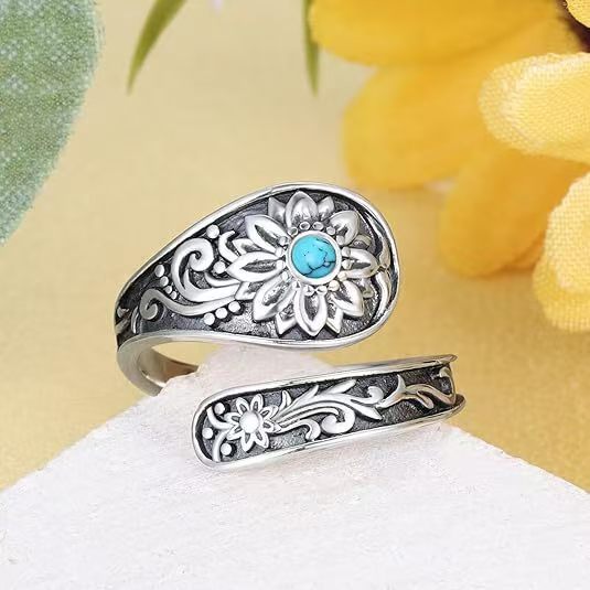 Novo estilo boêmio anel Retro girassol turquesa senhoras anel flor abertura anel ajustável
