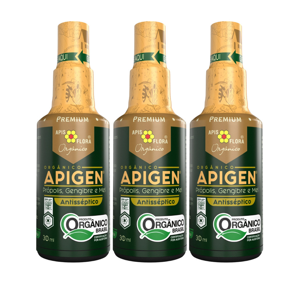 Kit com 3 APIGEN Orgânico Spray Própolis, Mel e Gengibre 30ml Apis Flora