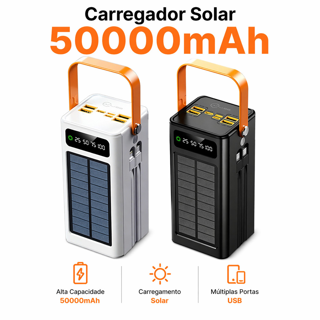 Power Bank Solar 50000mAh Carregador Portátil com USB Tipo-C e LED