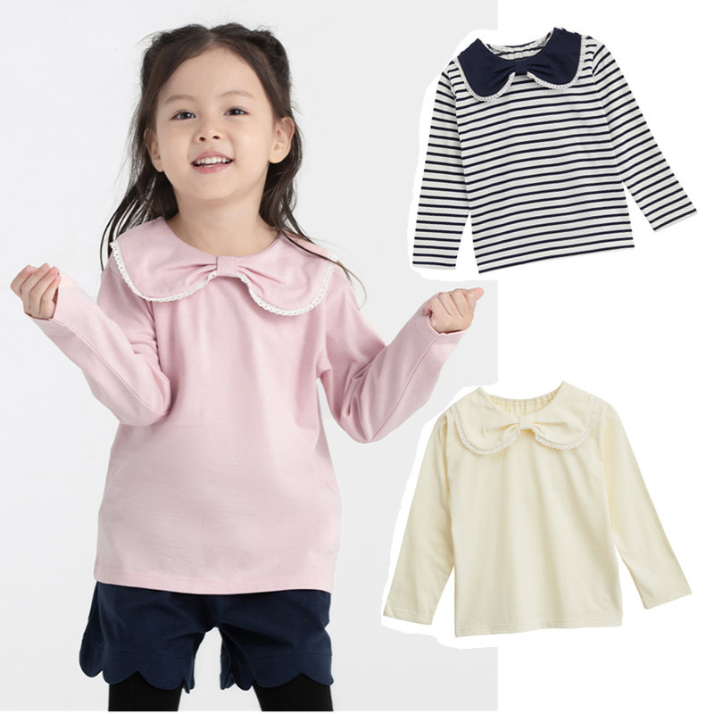 Meninas japonesas primavera outono puro algodão gola boneca camiseta bebê menina cor sólida listrado manga comprida topo