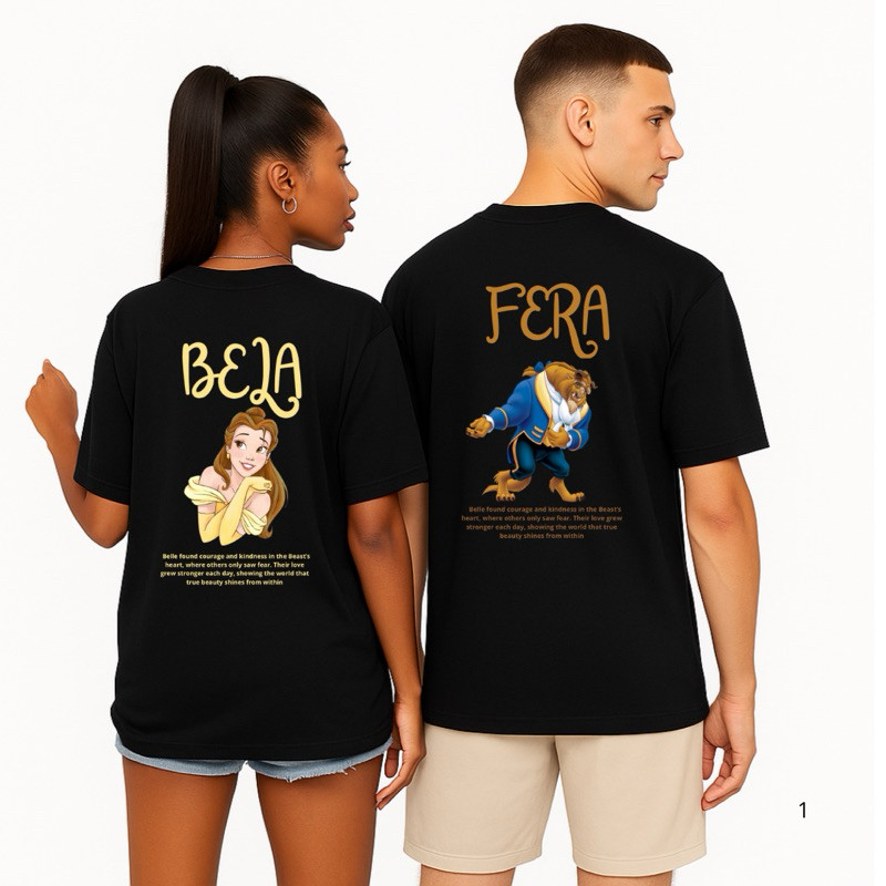Kit 2 Camisetas Bela e a fera Casal camisetas lisas de cores diversas Masculino e Feminina 100% Algodão Premium