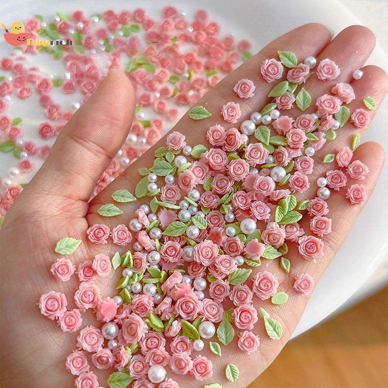 EMCH > 50 Peças Tamanho 3D 6/7/8mm Pérola Resina Flor Rosa Amuletos De Unhas Acessórios Vermelho Arte De Unha Decoração 
