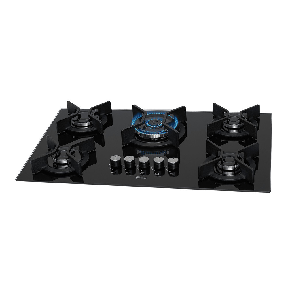 Cooktop Fischer 5 Bocas Tripla Chama Infinity, Trempe de Ferro Fundido, Mesa de Vidro - Bivolt