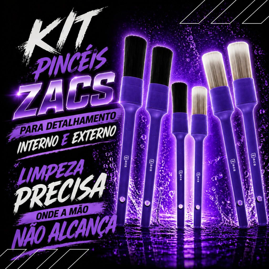Kit 6 Pincéis Zacs N14 Detalhamento Interno e Externo Limpeza Automotiva