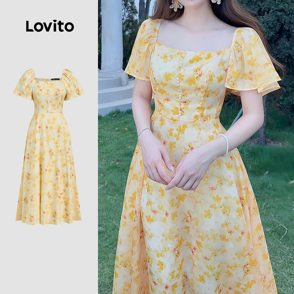 Lovito Floral Vestido Elegante com Botões Verão/primavera Amarelo para mulheres
