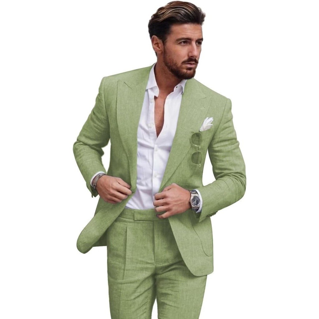 Conjunto De Terno De Linho Masculino Colwao De 2 Peças , Roupa Casual Slim Fit , Blazer Leve De Verão E Calças Para Casa