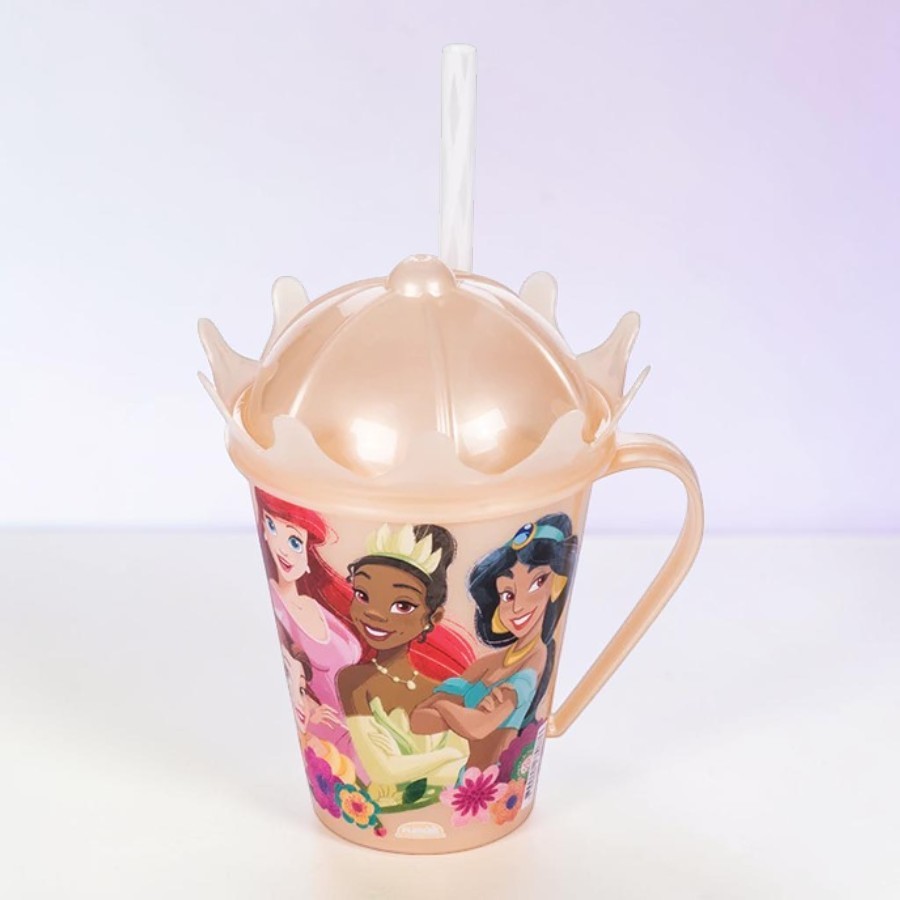 Caneca com Canudo e Tampa Coroa - Princesas - 360ml - Disney Original - 1 unidade - Plasútil - Rizzo