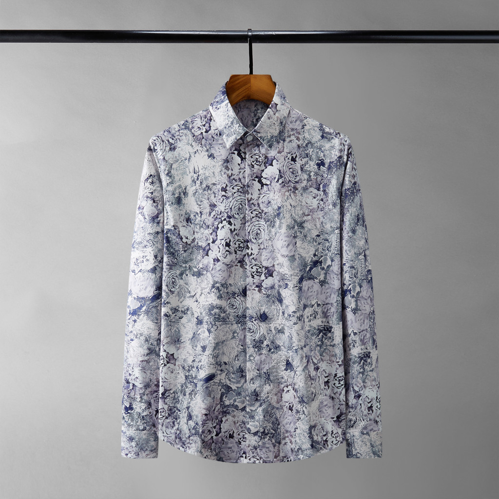Outono Passarela Estilo Azul Roxo Flor Impressão Camisa Casual Masculina Bonito na Moda Moda Masculina Magro-ajuste Flor