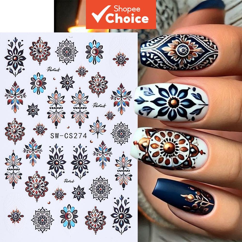 Adesivo de Unhas 3D Padrão de Flores Boho, Totem Vintage com Penas, Decalque para Design Manicure