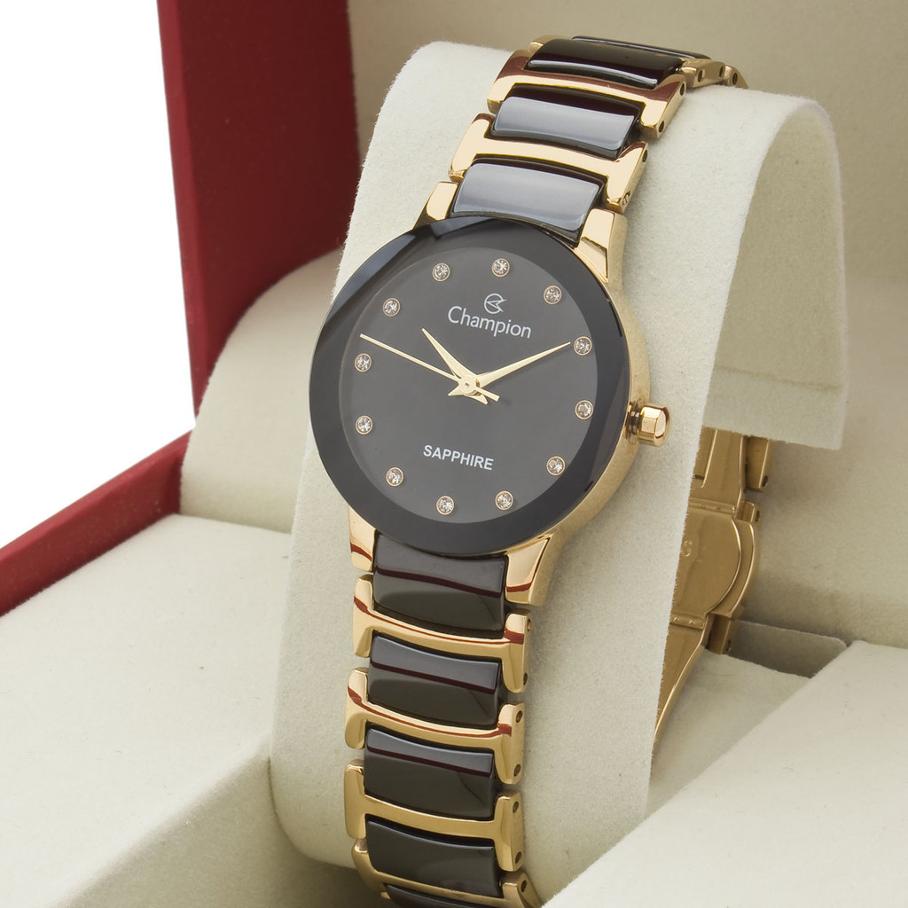 Relógio Feminino Champion Ceramica Pequeno Preto com Dourado CS28512U