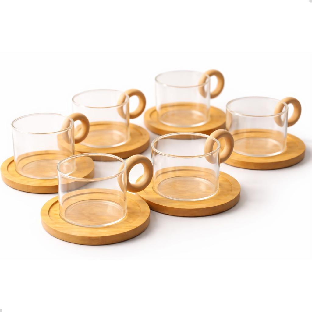 Jogo 6 Xícaras 85ml Vidro Borossilicato Com Pires De Bambu