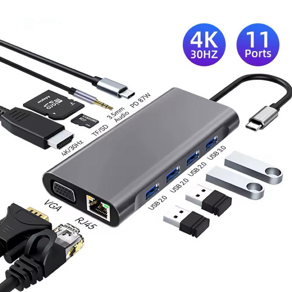 Hub USB Tipo C 11 em 1 Multiporta com HDMI VGA LAN USB 3.0 Áudio SD TF e OTG