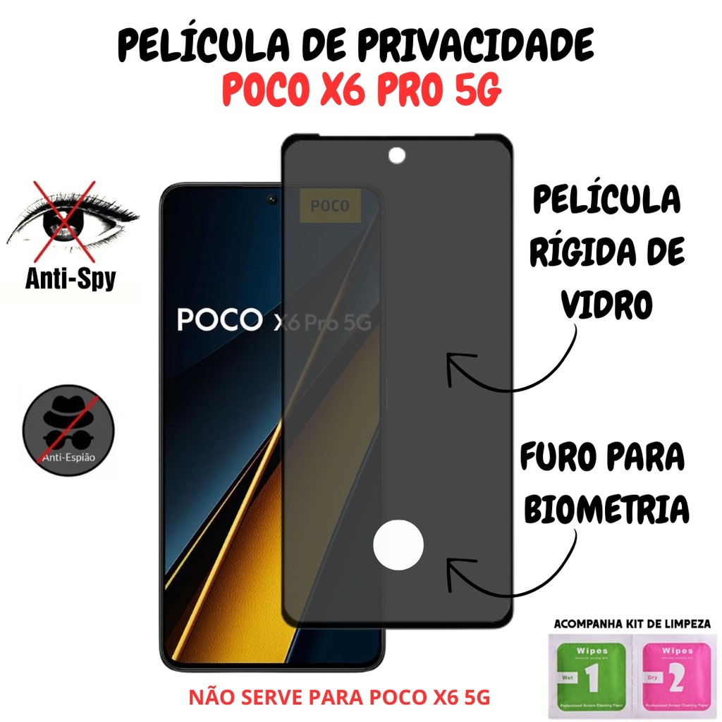 Película Privacidade Vidro 3D Para Poco X6 Pro 5G - Com Furo Para Biometria