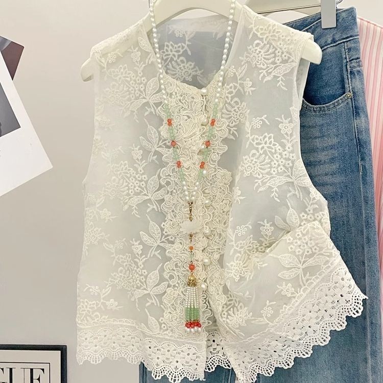 Novo estilo chinês simples estilo chinês colete de renda feminino branco suave bordado sem mangas colete topo#新中式简约国风蕾丝马