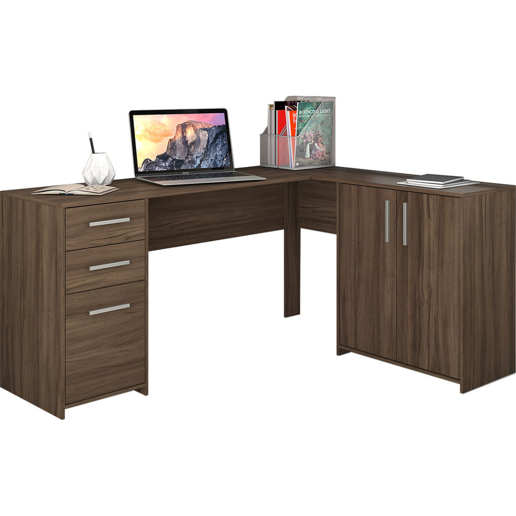 Mesa Escrivaninha 2005 em L para Escritório Quarto Computador 3 Portas e 2 Gavetas Nogal Notável